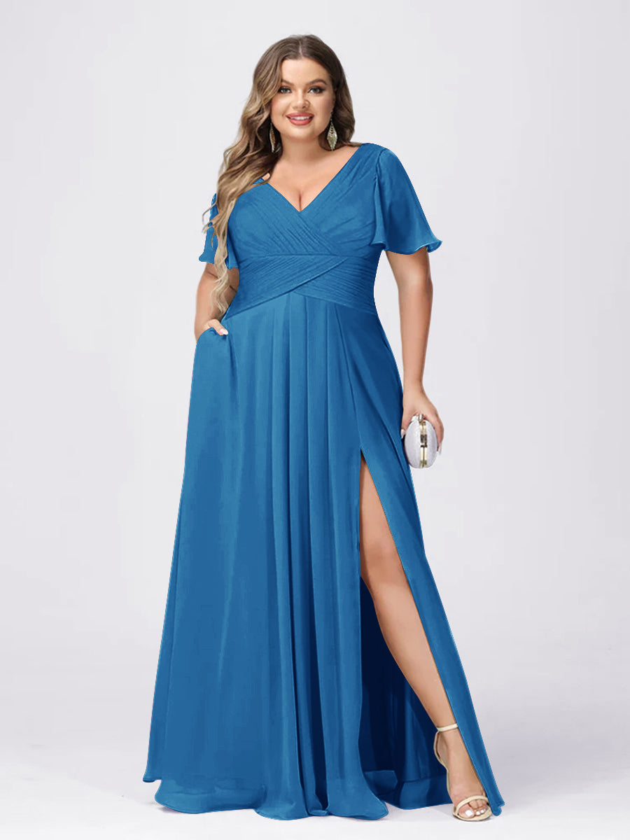 A Line/Princess V-Neck Short Sleeves Plus Size Bridesmaid Dresses with Split Side Ocean Blue