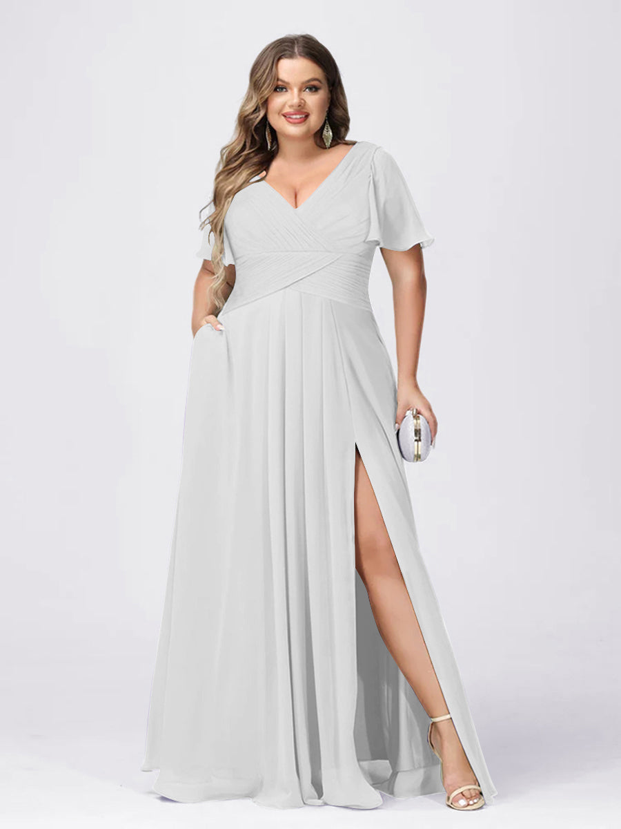 A Line/Princess V-Neck Short Sleeves Plus Size Bridesmaid Dresses with Split Side Off White