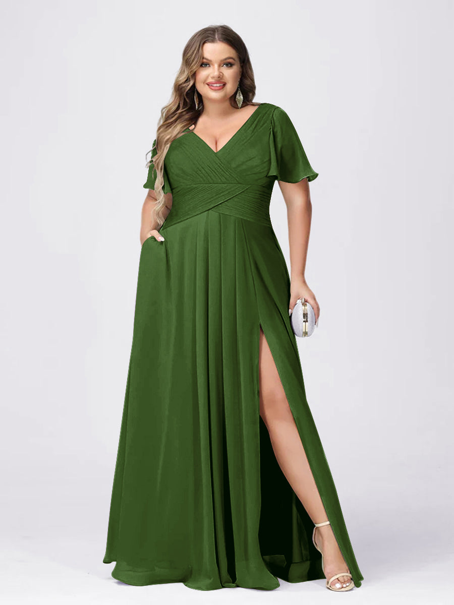 A Line/Princess V-Neck Short Sleeves Plus Size Bridesmaid Dresses with Split Side Olive Green