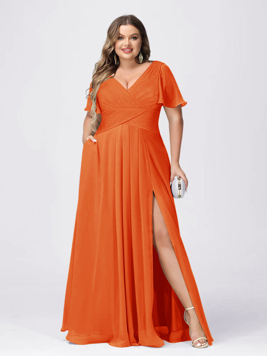 A Line/Princess V-Neck Short Sleeves Plus Size Bridesmaid Dresses with Split Side Orange