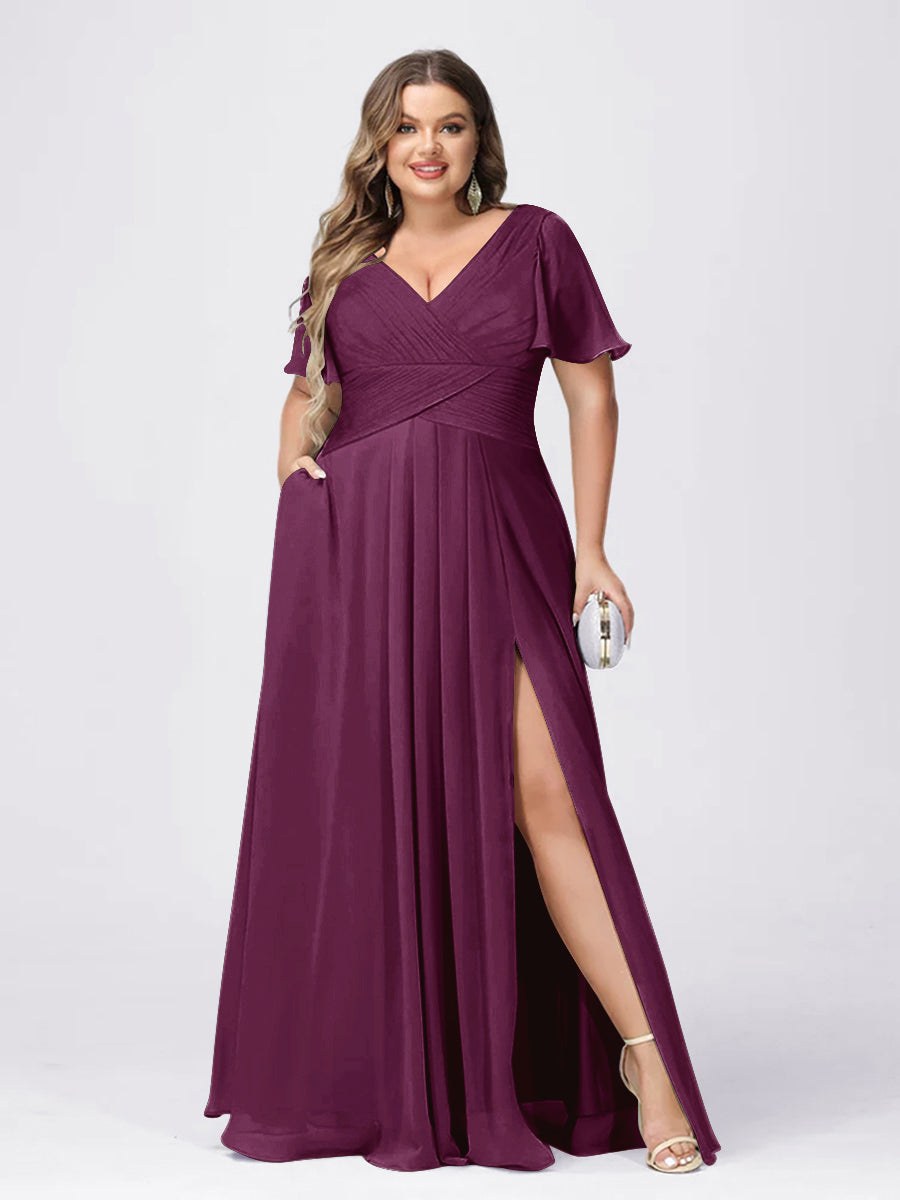 A Line/Princess V-Neck Short Sleeves Plus Size Bridesmaid Dresses with Split Side Orchid