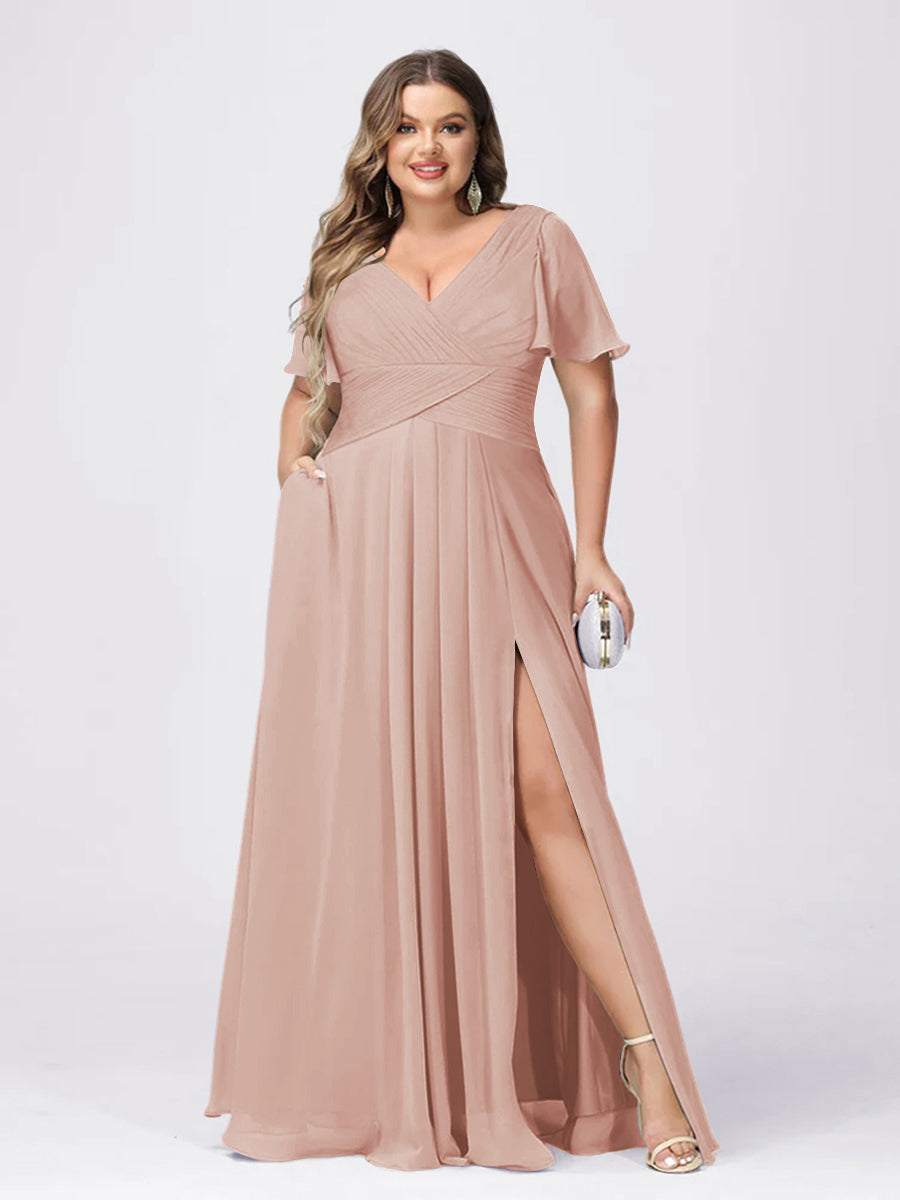 A Line/Princess V-Neck Short Sleeves Plus Size Bridesmaid Dresses with Split Side Peach Pink