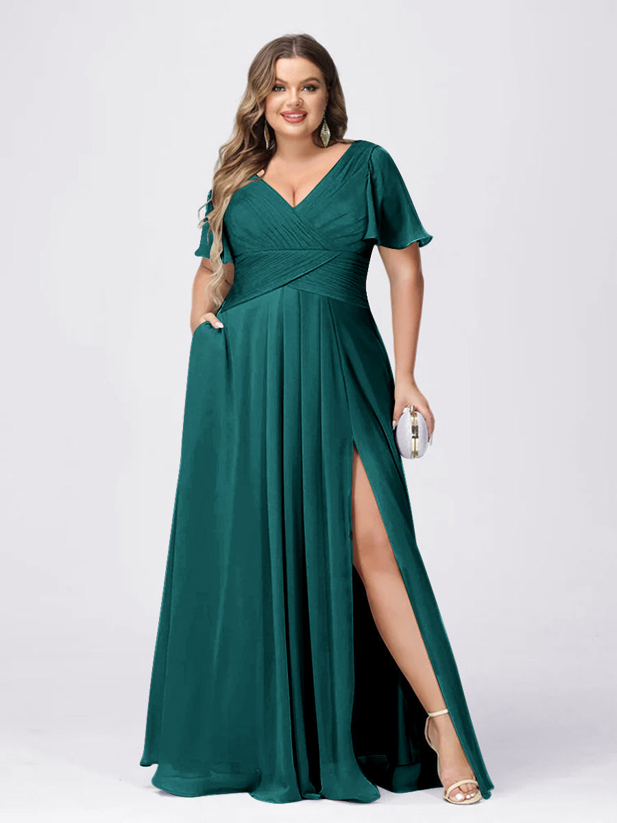 A Line/Princess V-Neck Short Sleeves Plus Size Bridesmaid Dresses with Split Side Peacock