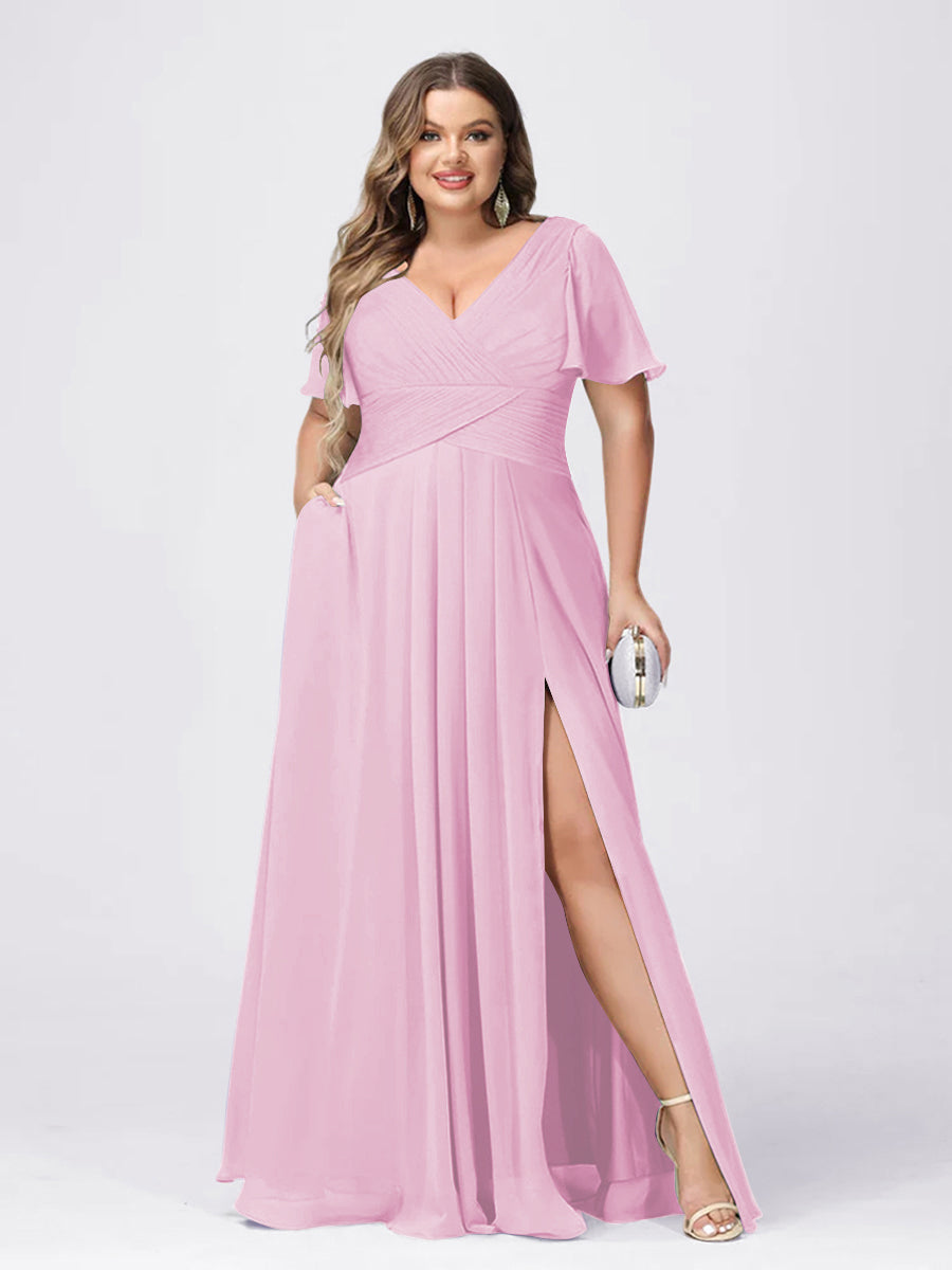 A Line/Princess V-Neck Short Sleeves Plus Size Bridesmaid Dresses with Split Side Pink