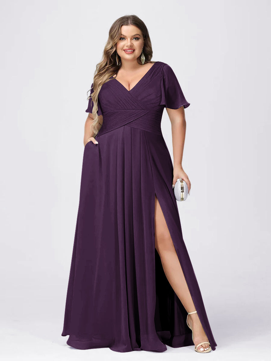 A Line/Princess V-Neck Short Sleeves Plus Size Bridesmaid Dresses with Split Side Plum