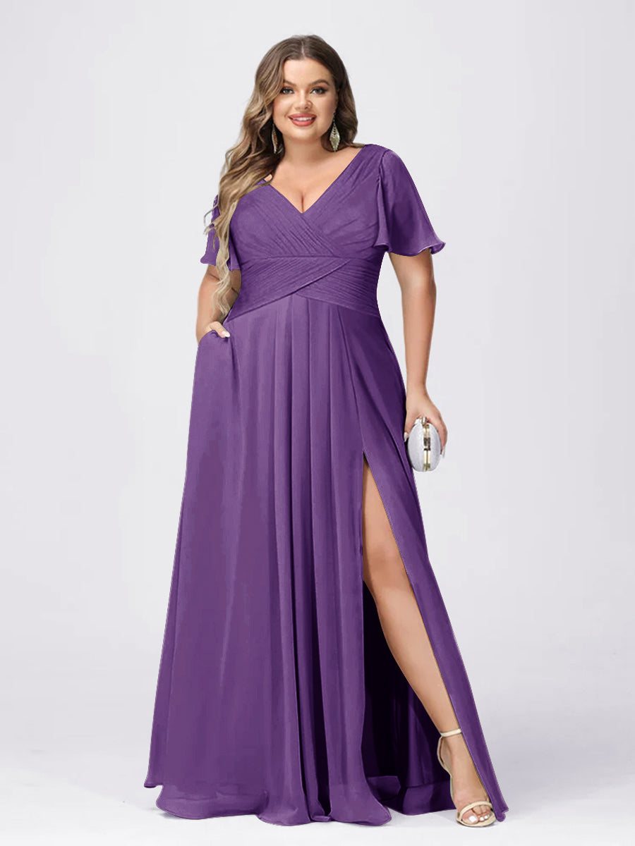 A Line/Princess V-Neck Short Sleeves Plus Size Bridesmaid Dresses with Split Side Purple