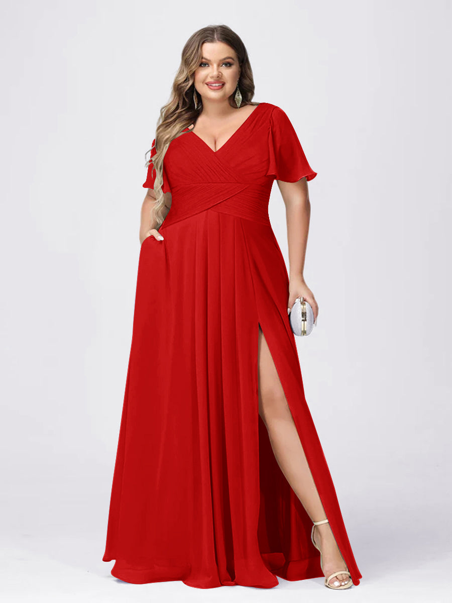 A Line/Princess V-Neck Short Sleeves Plus Size Bridesmaid Dresses with Split Side Red