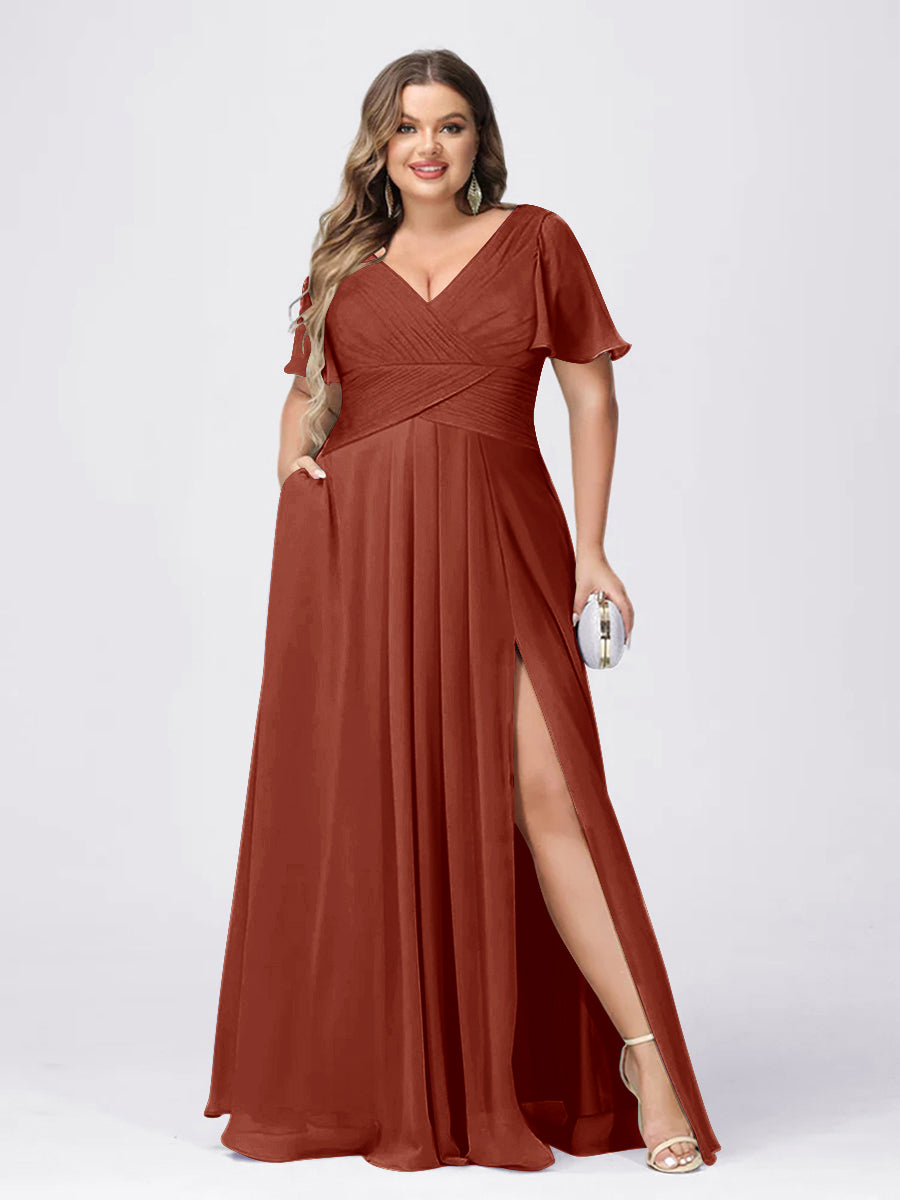 A Line/Princess V-Neck Short Sleeves Plus Size Bridesmaid Dresses with Split Side Rust