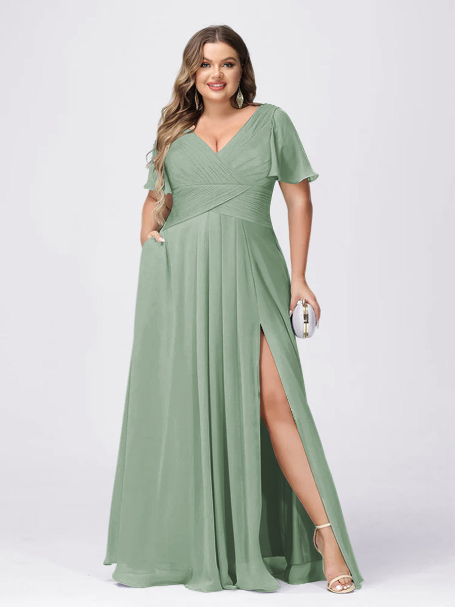 A Line/Princess V-Neck Short Sleeves Plus Size Bridesmaid Dresses with Split Side Sage