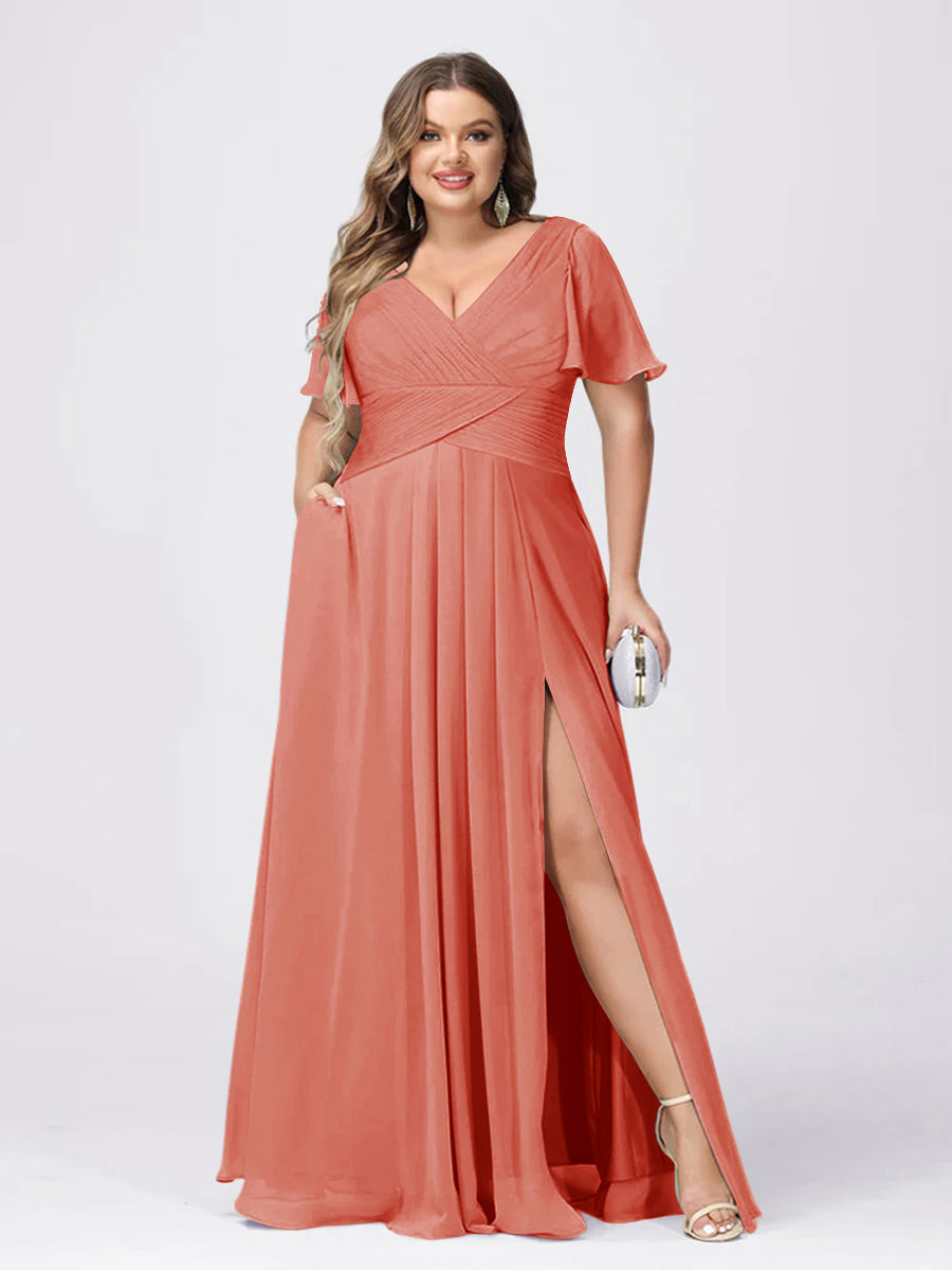 A Line/Princess V-Neck Short Sleeves Plus Size Bridesmaid Dresses with Split Side Salmon