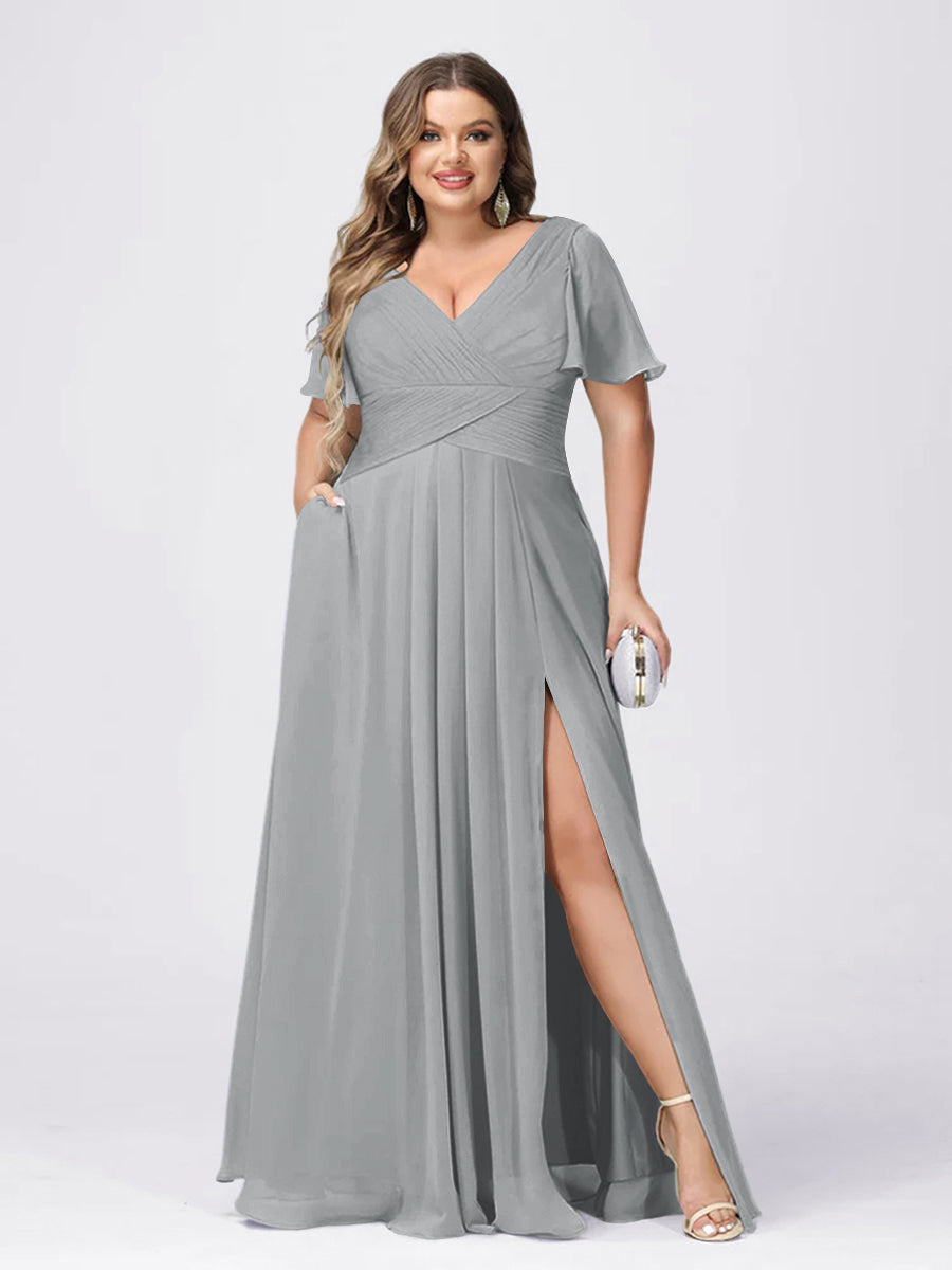 A Line/Princess V-Neck Short Sleeves Plus Size Bridesmaid Dresses with Split Side Silver