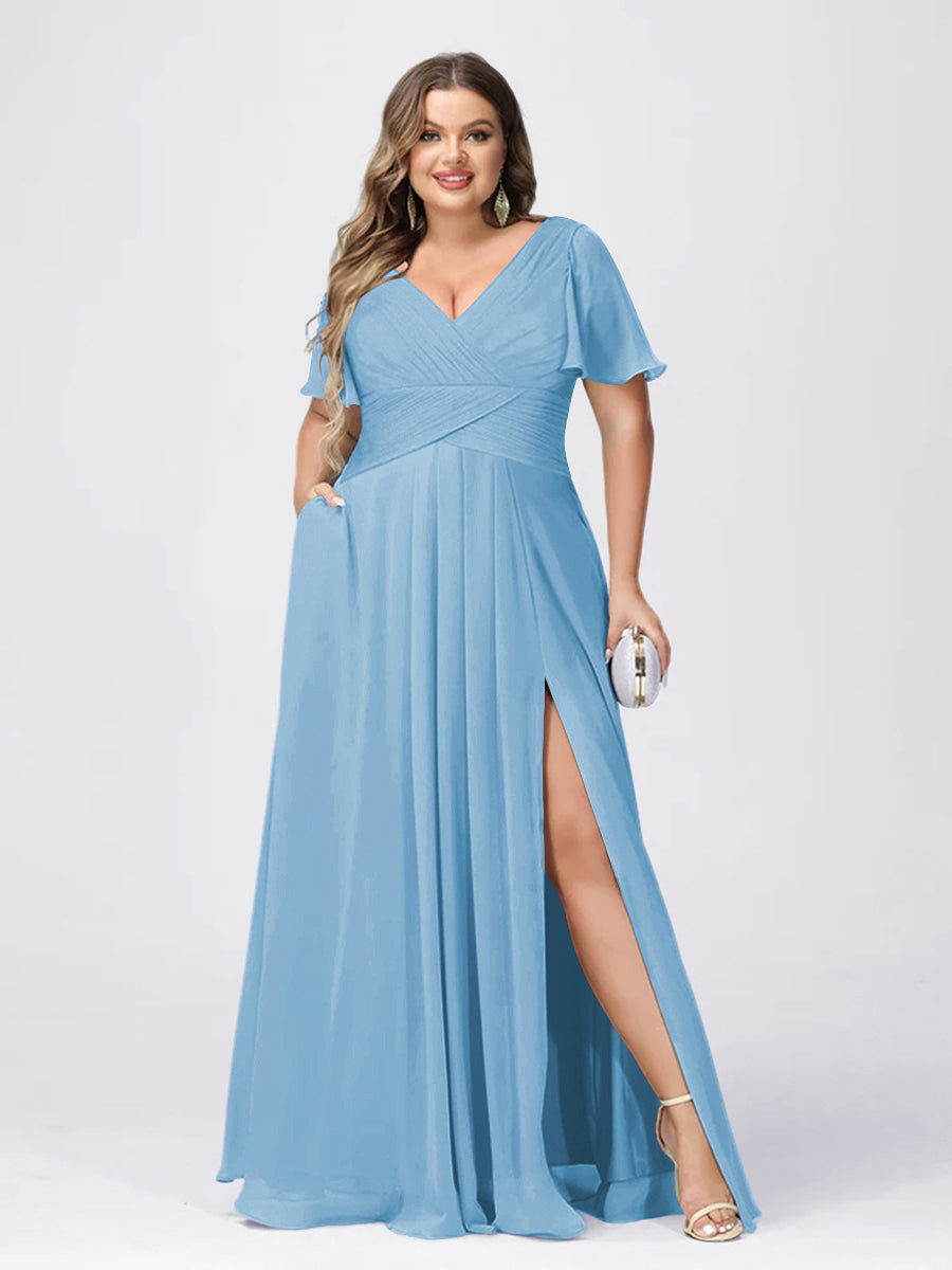 A Line/Princess V-Neck Short Sleeves Plus Size Bridesmaid Dresses with Split Side Sky Blue