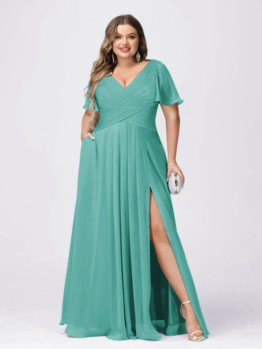 A Line/Princess V-Neck Short Sleeves Plus Size Bridesmaid Dresses with Split Side Spa