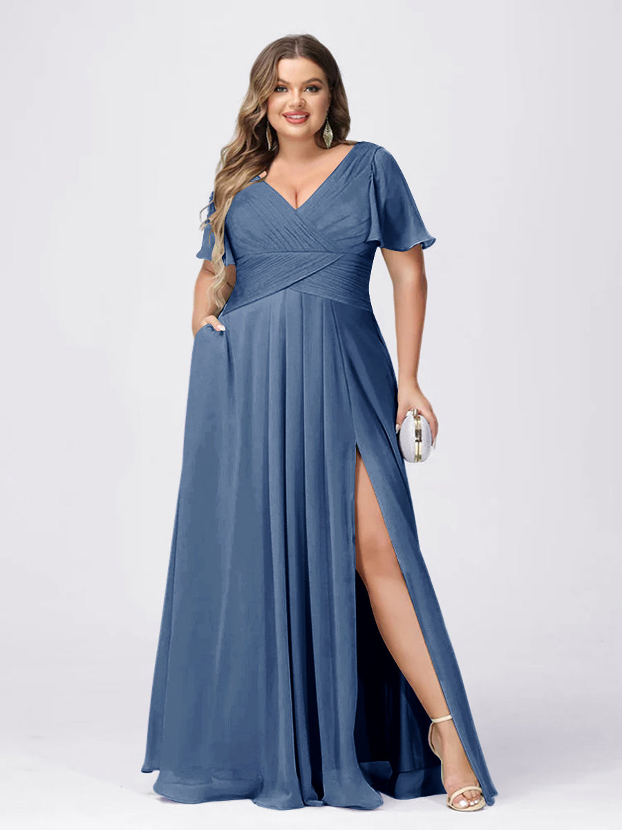 A Line/Princess V-Neck Short Sleeves Plus Size Bridesmaid Dresses with Split Side Steel Blue