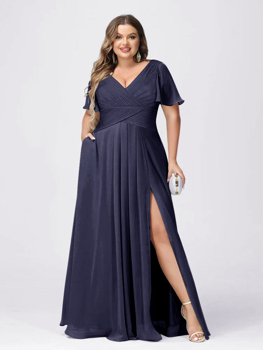A Line/Princess V-Neck Short Sleeves Plus Size Bridesmaid Dresses with Split Side Stormy Blue