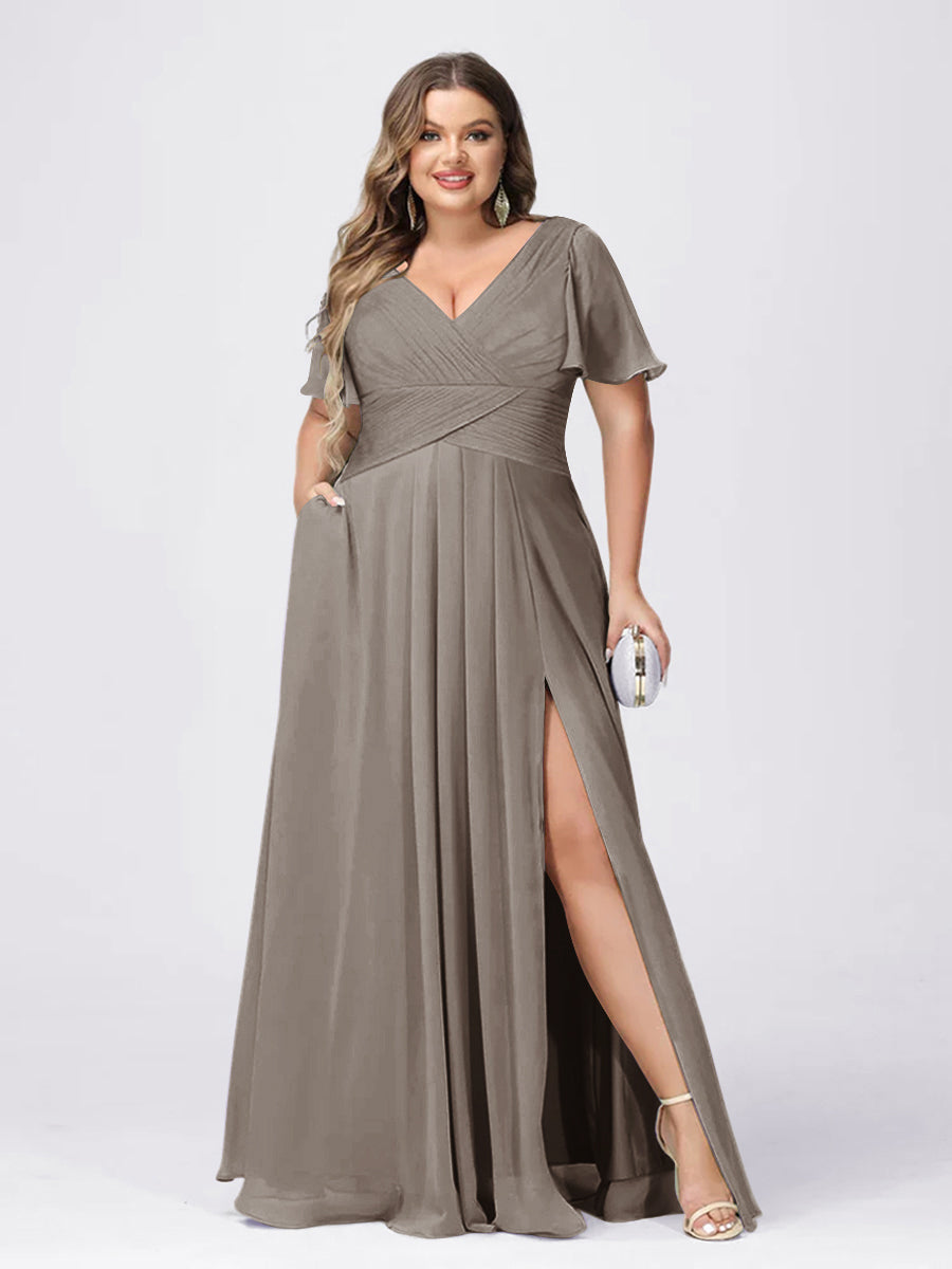 A Line/Princess V-Neck Short Sleeves Plus Size Bridesmaid Dresses with Split Side Silver Gray