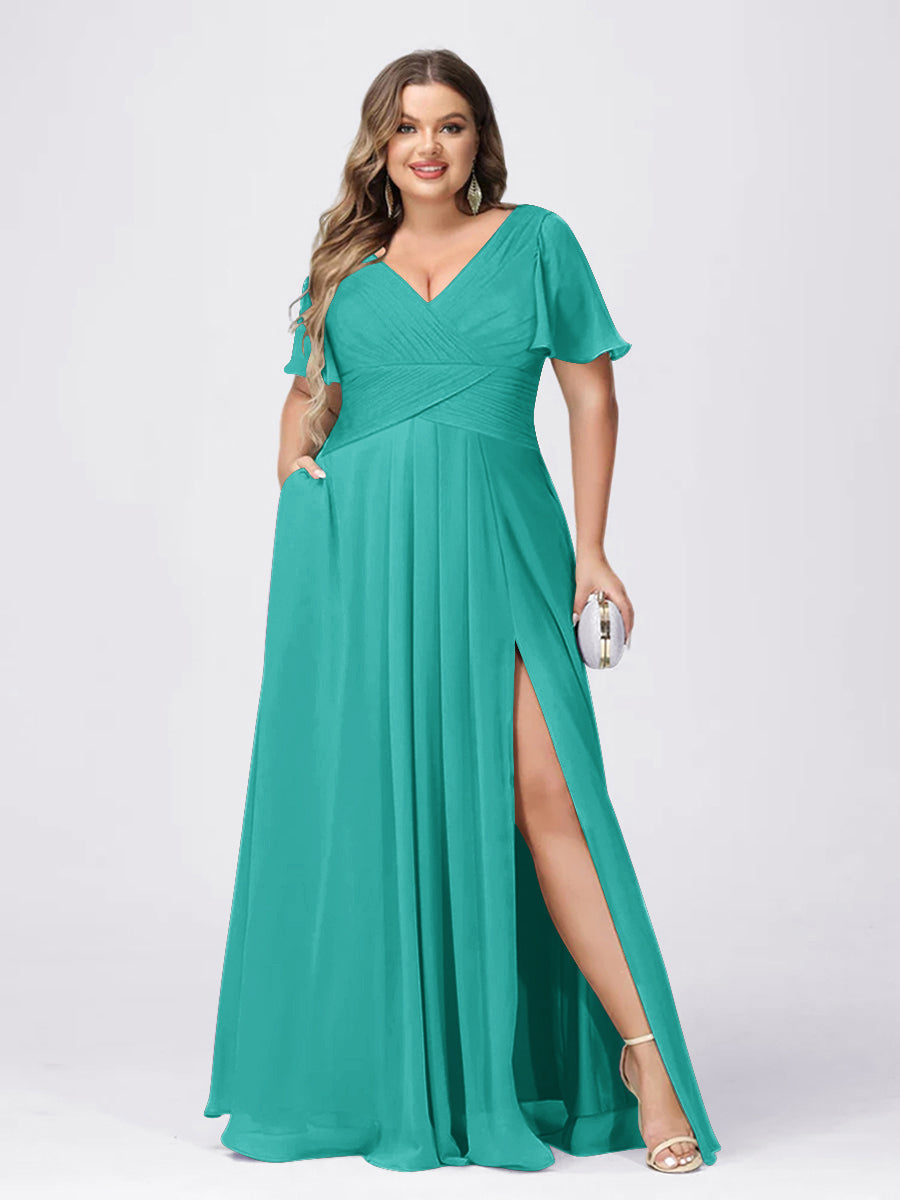 A Line/Princess V-Neck Short Sleeves Plus Size Bridesmaid Dresses with Split Side Turquoise