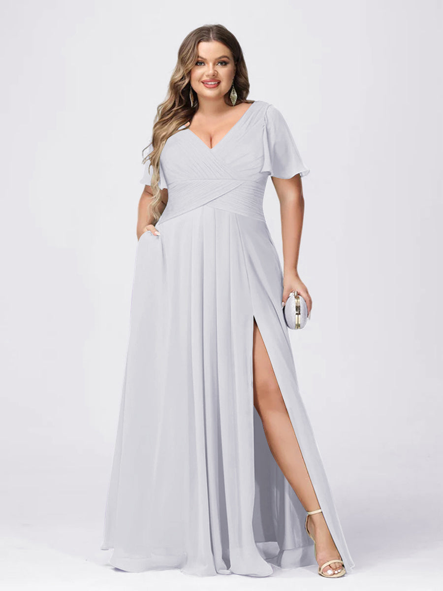 A Line/Princess V-Neck Short Sleeves Plus Size Bridesmaid Dresses with Split Side White