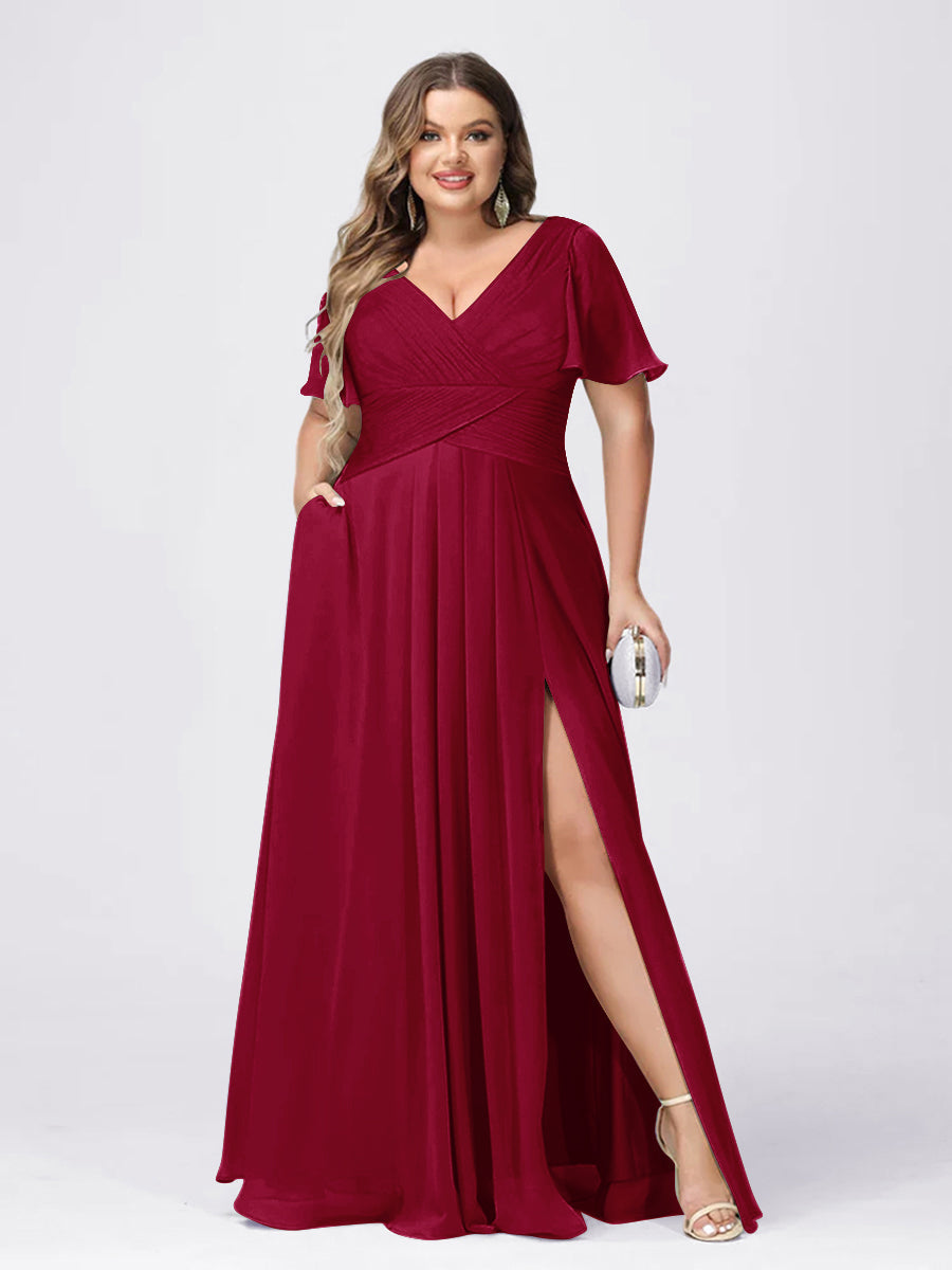 A Line/Princess V-Neck Short Sleeves Plus Size Bridesmaid Dresses with Split Side Wine Red
