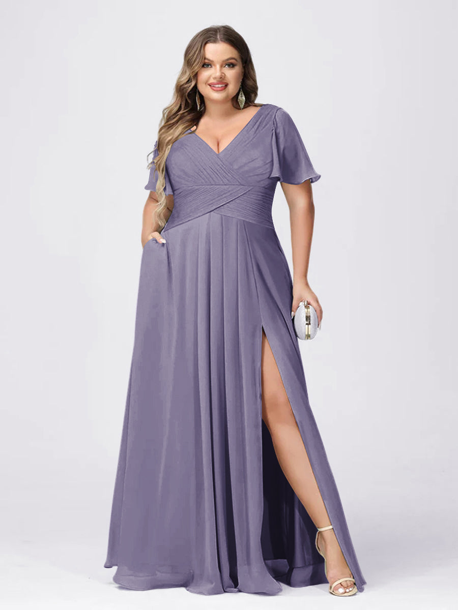 A Line/Princess V-Neck Short Sleeves Plus Size Bridesmaid Dresses with Split Side Wisteria
