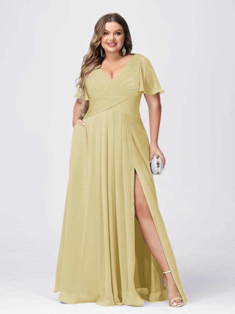 A Line/Princess V-Neck Short Sleeves Plus Size Bridesmaid Dresses with Split Side Yellow