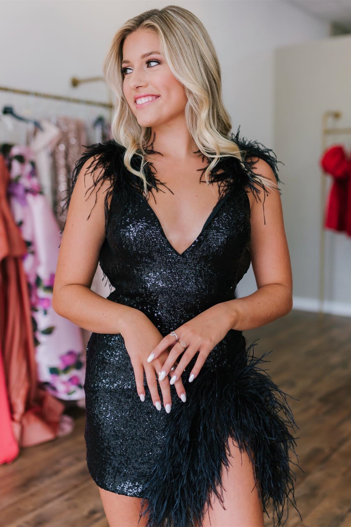 Alora Homecoming Dress Pretty Bodycon V neck Sequin with Slit Short Party Cocktail Dress
