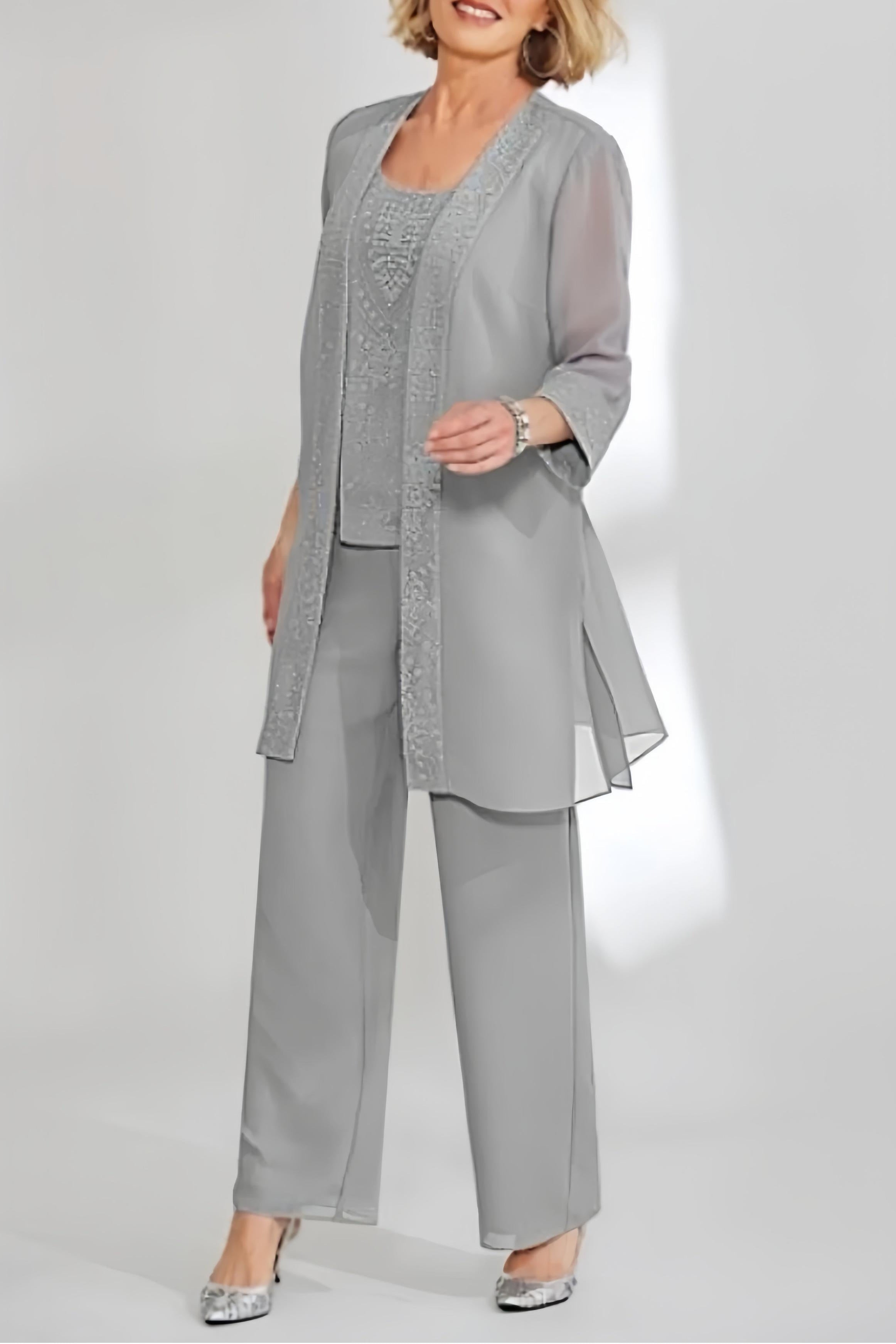 Ankle-Length Chiffon Mother of the Bride Pantsuit with Jacket in Scoop Style