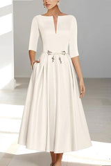 Ankle-Length Mother of the Bride A-Line Dress with Half Sleeves and Pockets