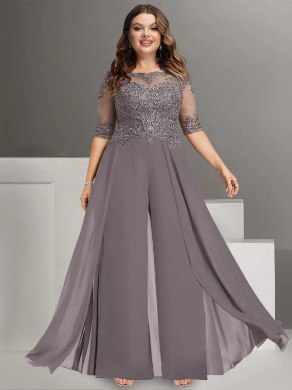 Ankle-Length Mother of the Bride Chiffon Pantsuit with Lace and Jewel Neckline