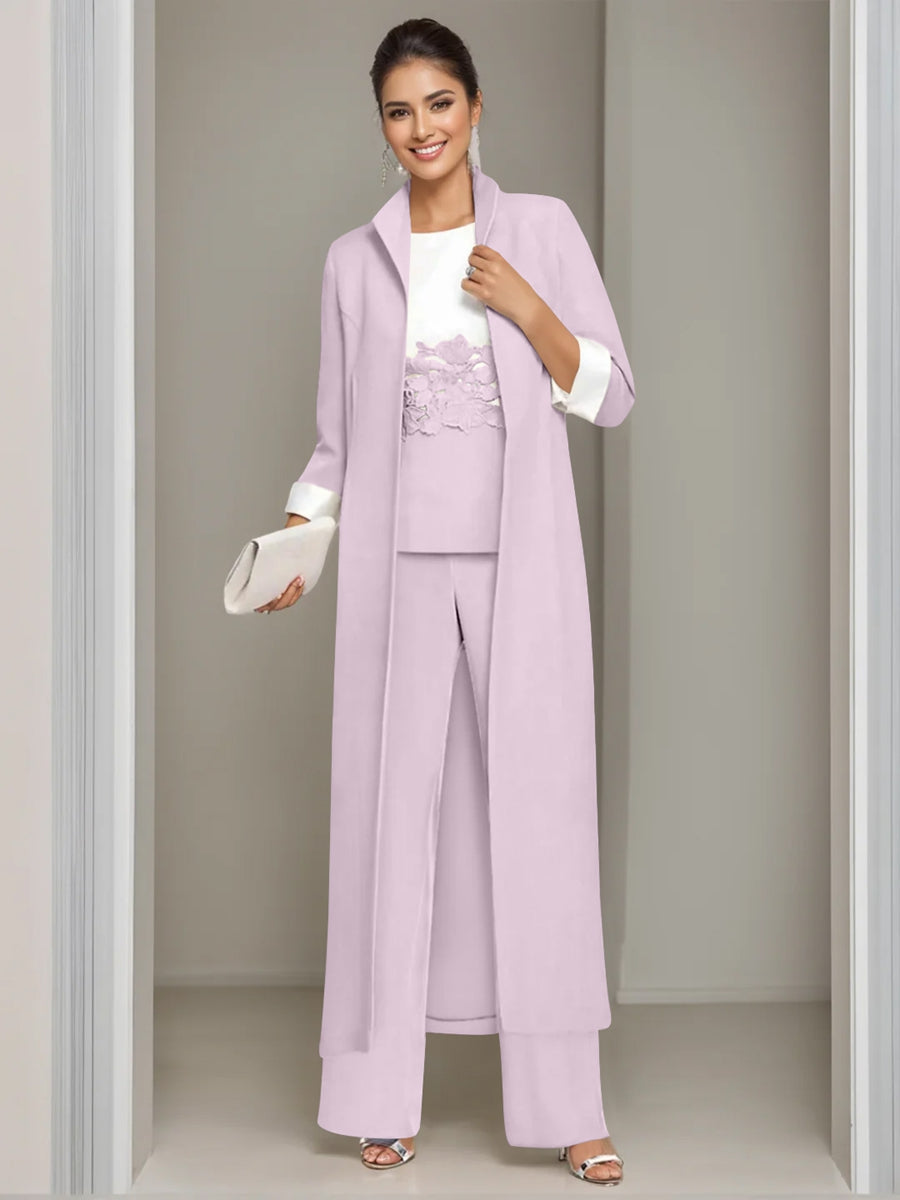 Ankle-Length Mother of the Bride Pantsuits in 3 Pieces Featuring Square Neck Jacket & Lace Appliques
