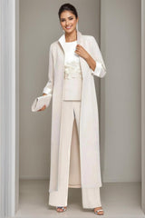 Ankle-Length Mother of the Bride Pantsuits in 3 Pieces Featuring Square Neck Jacket & Lace Appliques