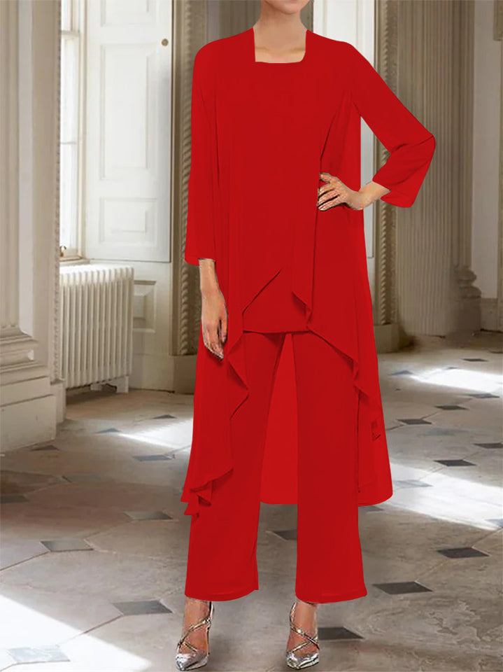Ankle-Length Mother of the Bride Pantsuits with Jacket in Chiffon Round Neck and 3/4 Sleeves