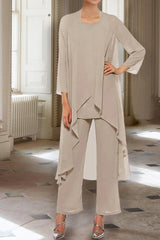 Ankle-Length Mother of the Bride Pantsuits with Jacket in Chiffon Round Neck and 3/4 Sleeves