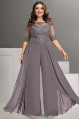 Ankle-Length Plus Size Chiffon Mother of the Bride Pantsuit with Lace and Jewel Neck