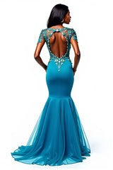 Appliqued Blue Wedding Guest Dress Mermaid Long Formal Dress With Short Sleeves