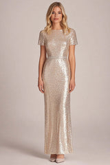 Apricot Wedding Guest Dress Sheath Long Formal Dress With Short Sleeves