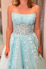 Aqua Blue Prom Dress Appliques Strapless A Line Long Evening Dress