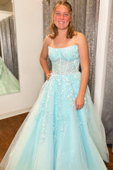 Aqua Blue Prom Dress Appliques Strapless A Line Long Evening Dress