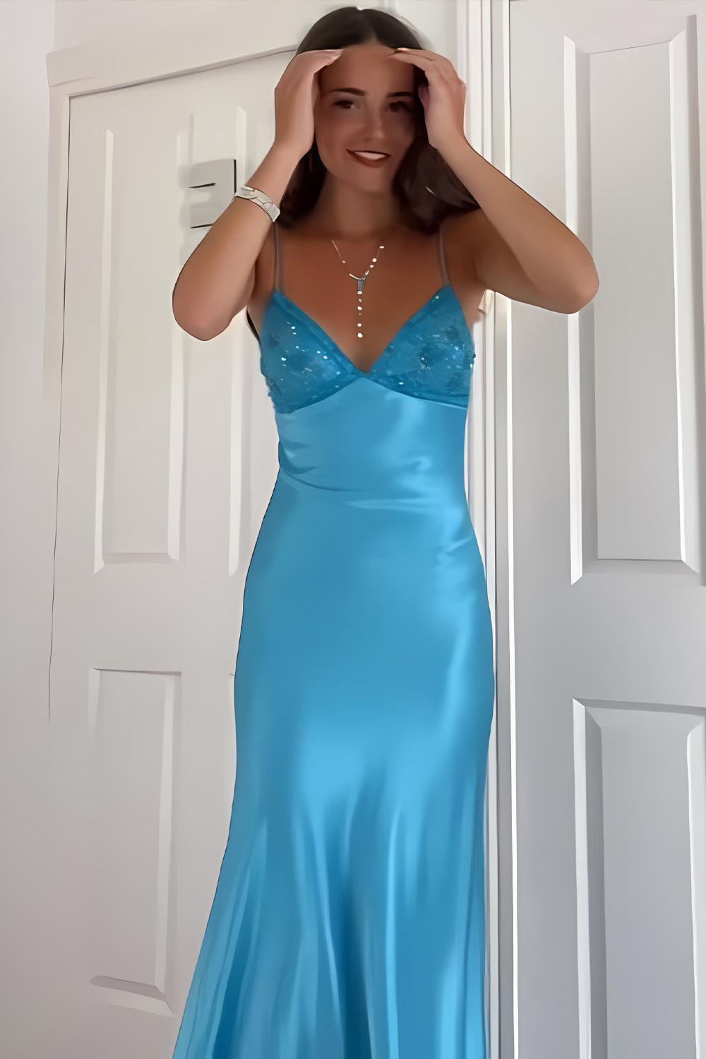 Dressystars Aqua Blue Spaghetti Strap Long Satin Prom Dress With Lace Bodice Formal Evening Gown