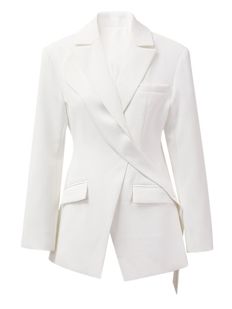 Asymmetric White Long-Sleeve Blazer For Women