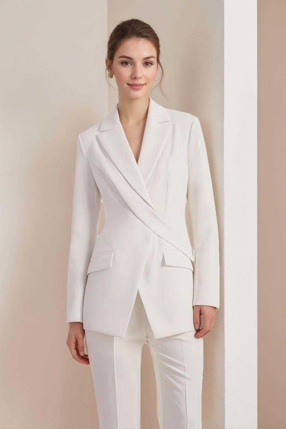 Asymmetric White Long-Sleeve Blazer For Women
