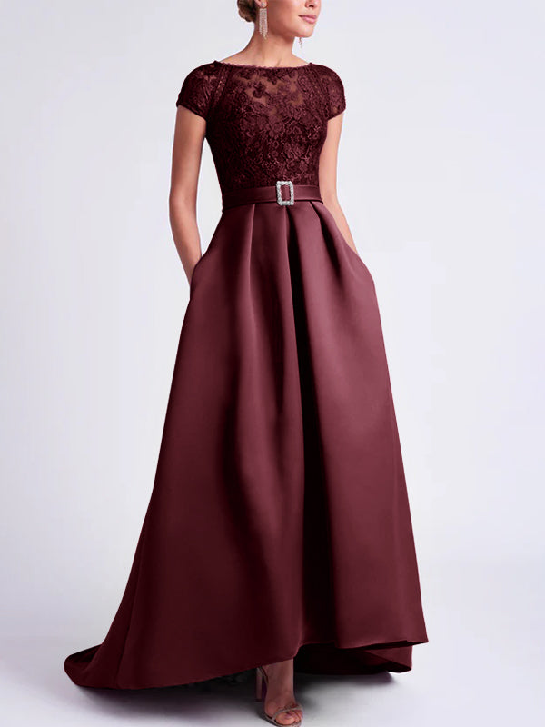 Asymmetrical A-Line Mother of the Bride Dress with Scoop Neck and Short Sleeves