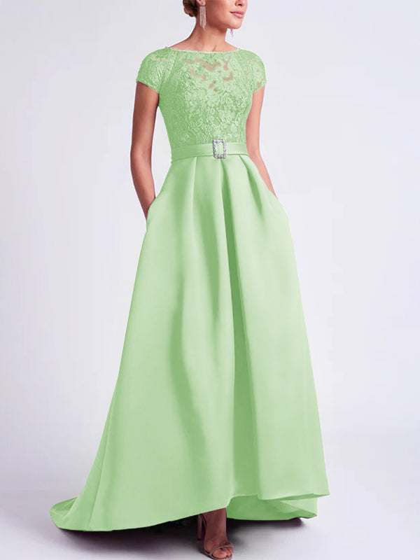 Asymmetrical A-Line Mother of the Bride Dress with Scoop Neck and Short Sleeves