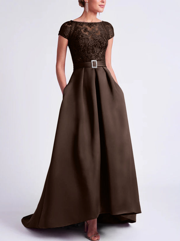 Asymmetrical A-Line Mother of the Bride Dress with Scoop Neck and Short Sleeves