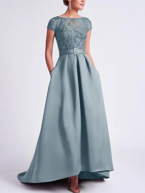 Asymmetrical A-Line Mother of the Bride Dress with Scoop Neck and Short Sleeves