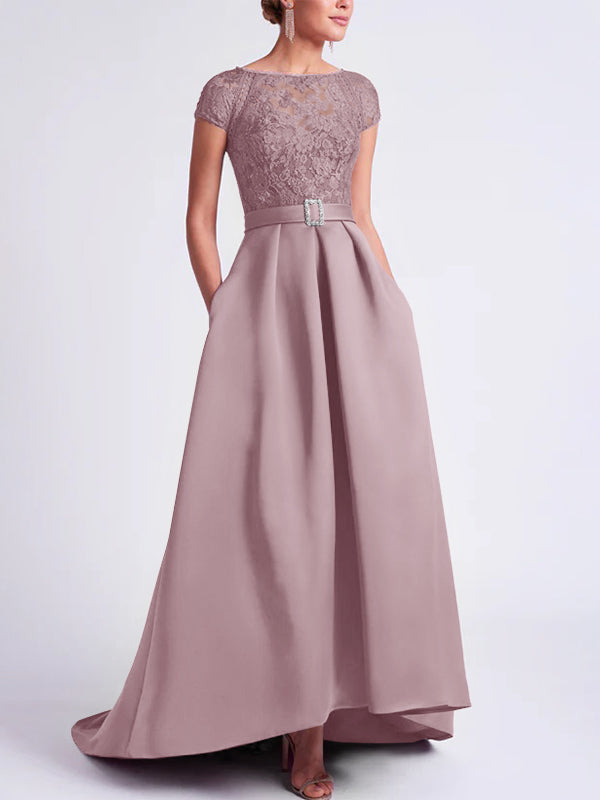Asymmetrical A-Line Mother of the Bride Dress with Scoop Neck and Short Sleeves