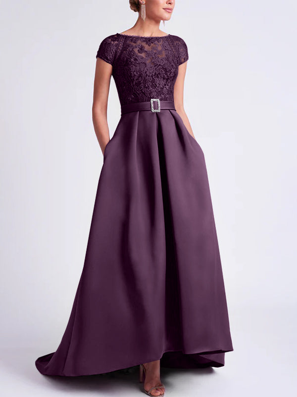 Asymmetrical A-Line Mother of the Bride Dress with Scoop Neck and Short Sleeves