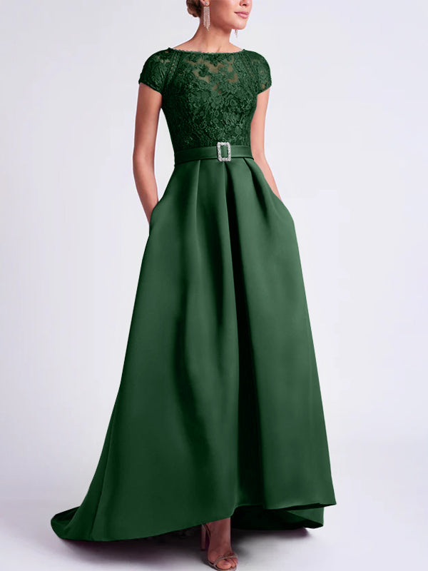 Asymmetrical A-Line Mother of the Bride Dress with Scoop Neck and Short Sleeves
