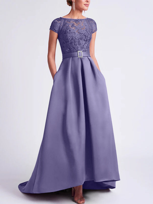 Asymmetrical A-Line Mother of the Bride Dress with Scoop Neck and Short Sleeves