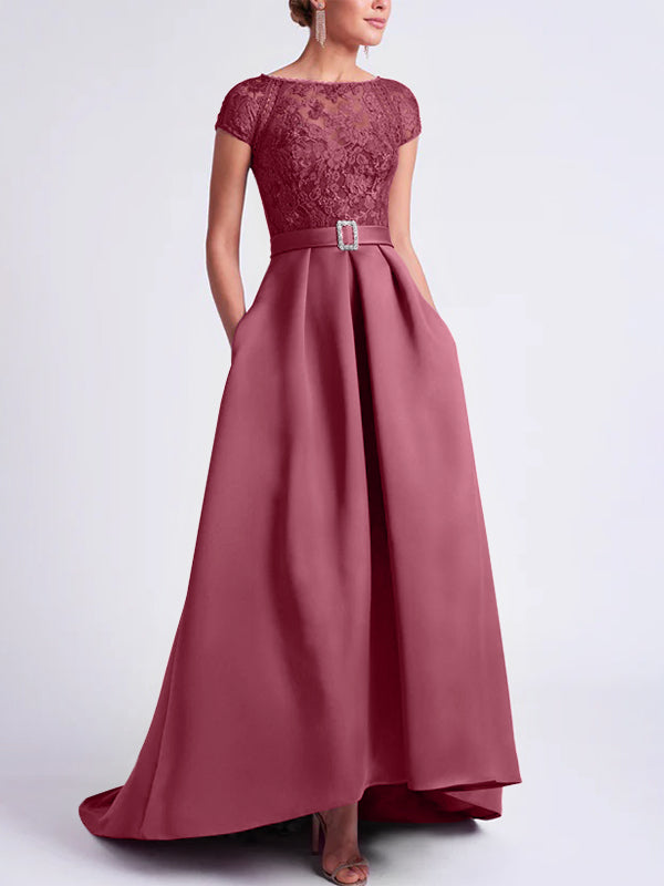Asymmetrical A-Line Mother of the Bride Dress with Scoop Neck and Short Sleeves